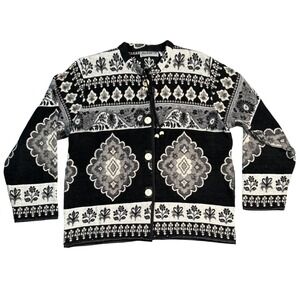Flashback Cardigan Black White Tapestry Floral Jacket VTG Boho Chic Festival Y2K